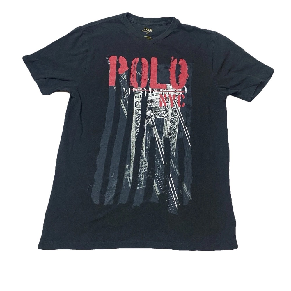 Polo Ralph Lauren NYC T Shirt Boys Size L Black New York City Bridge Flag V-Neck